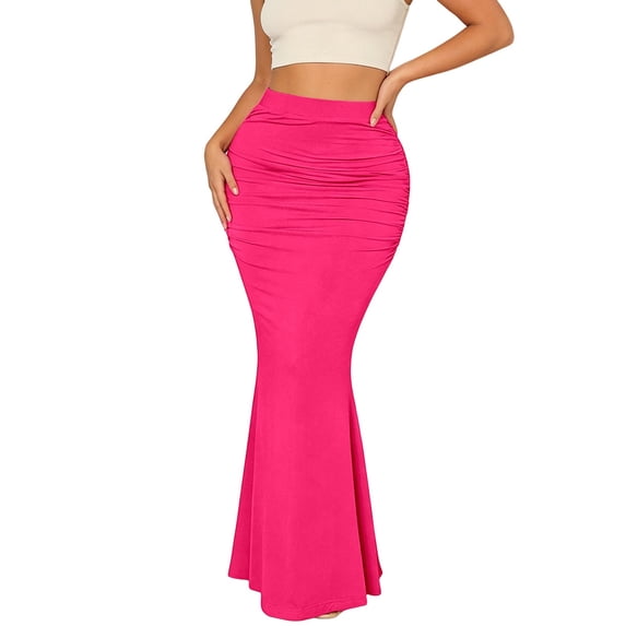 Arlun Women's Ruched Fishtail Maxi Skirt Elastic High Waisted Long Bodycon Skirts with Pleated Solid Color Stretch Tight Party Wear Hot Pink L