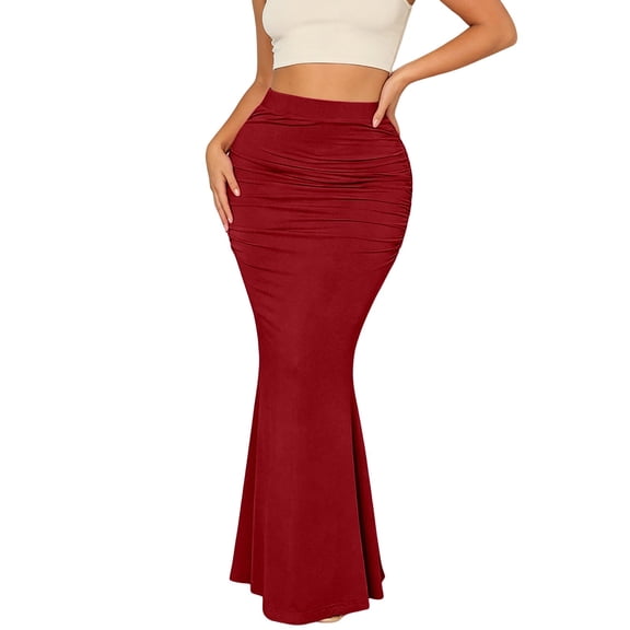 Arlun Women's Ruched Fishtail Maxi Skirt Elastic High Waisted Long Bodycon Skirts with Pleated Solid Color Stretch Tight Party Wear Red XL