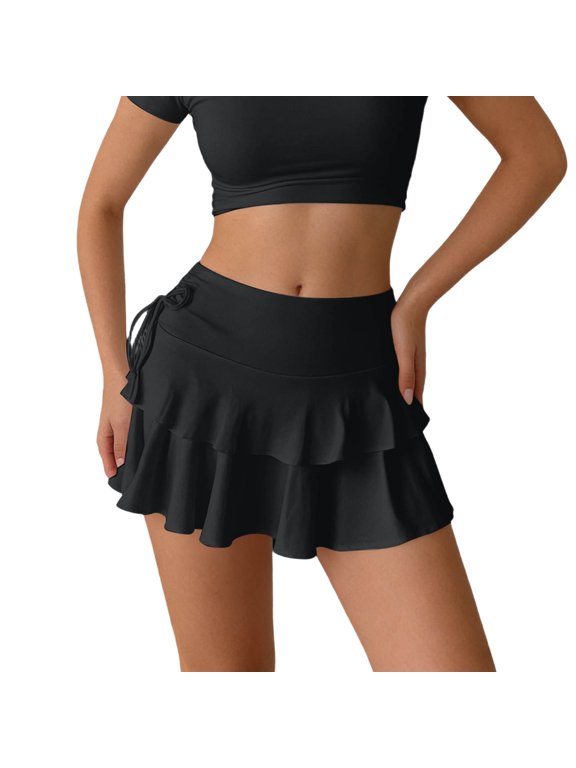 Women's Ruffle Layered Mini Skirts High Waisted Side Drawstring Bow Tie Flowy a Line Tiered Cake Skirt Stretch Seamless Comfortable Pure Color Ruffle Short Skirts Black M