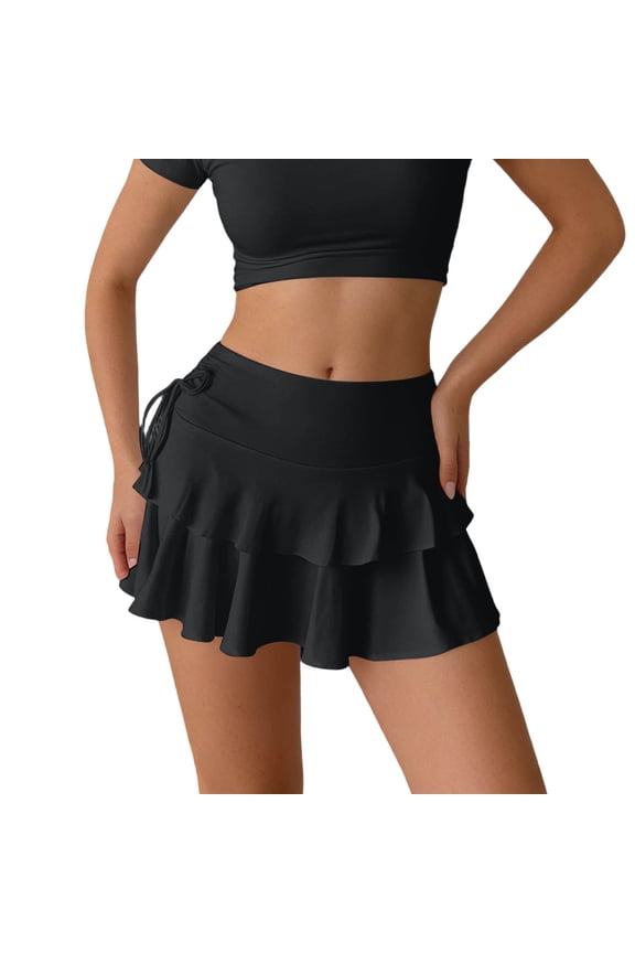 Women's Ruffle Layered Mini Skirts High Waisted Side Drawstring Bow Tie Flowy a Line Tiered Cake Skirt Stretch Seamless Comfortable Pure Color Ruffle Short Skirts Black M