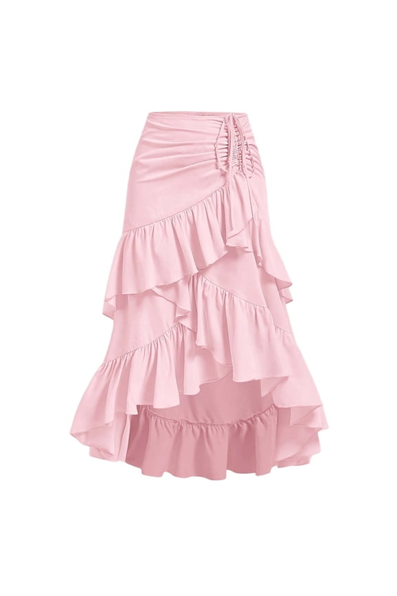 Women's Ruffled Hem Boho Long Maxi Skirts Fashion Asymmetrical Fit High Waist Drawstring Design A-Line Flare Skirts Fashion Floral Print Layered Skirts for Spring Summer Pink S