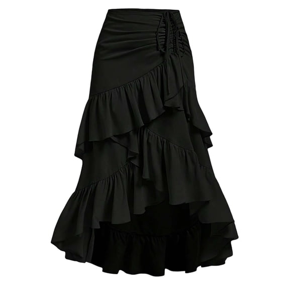 Arlun Women's Ruffled Hem Boho Long Maxi Skirts Fashion Asymmetrical Fit High Waist Drawstring Design A-Line Flare Skirts Fashion Floral Print Layered Skirts for Spring Summer Black S