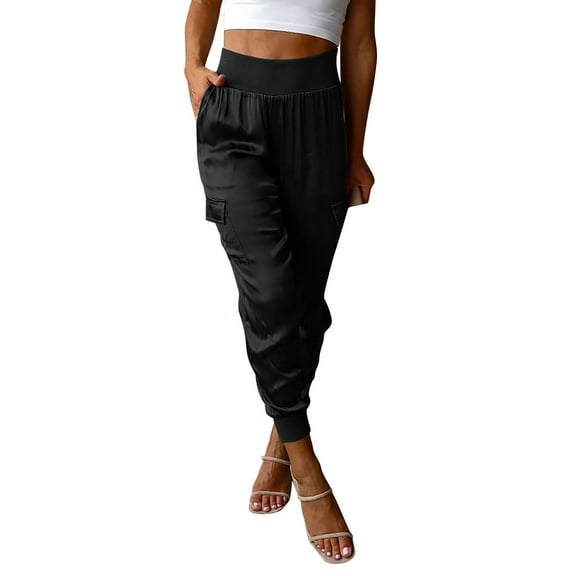 Arlun,Women's Satin Jogger Sweatpants Casual Dressy Elastic High Waist Long Lounge Pants Trousers Baggy Solid Color Outfits with Pockets Black M