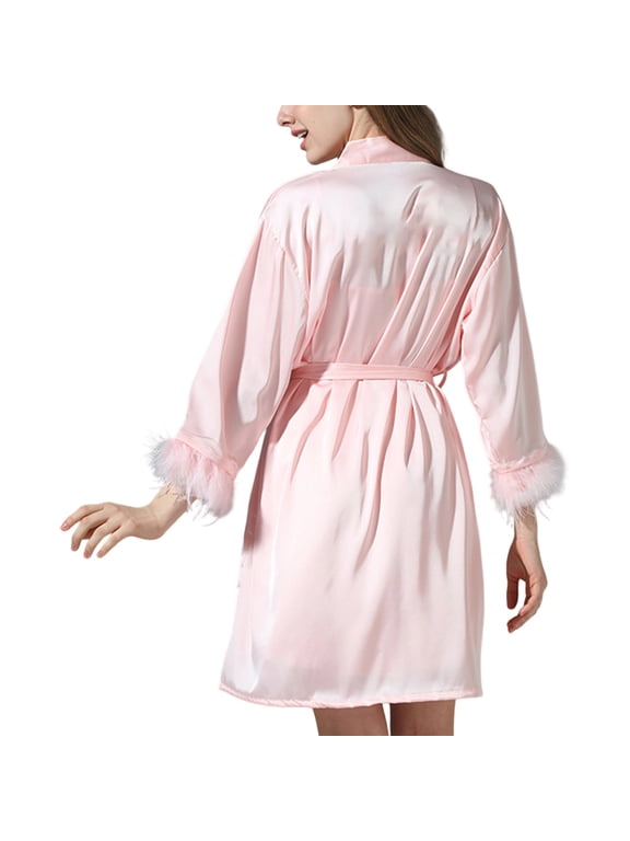 Women's Satin Kimono Robes Feather Long Sleeve Lightweight Breathable Silk Robes Fashion Pure Elegant Bridal Party Bridesmaid Robes Knee Length Sleepwear Pink M