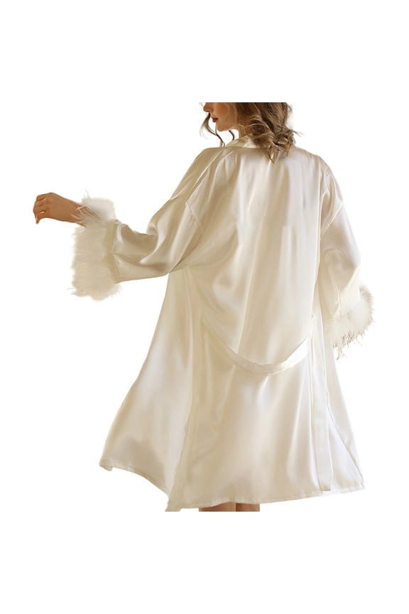 Women's Satin Kimono Robes Feather Trim Long Sleeve Lightweight Breathable Silk Robes Fashion Pure Elegant Bridal Party Bridesmaid Robes Knee Length Sleepwear White XL