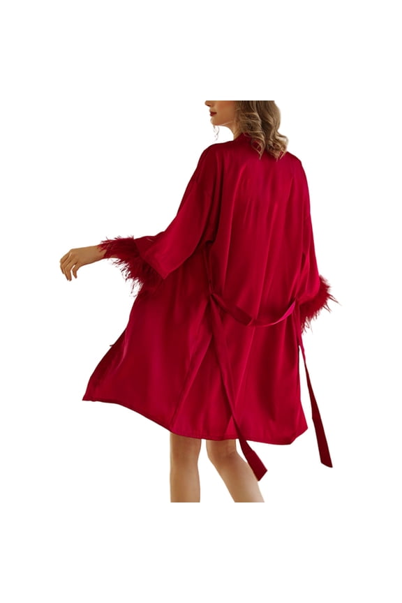 Women's Satin Kimono Robes Feather Trim Long Sleeve Lightweight Breathable Silk Robes Fashion Pure Elegant Bridal Party Bridesmaid Robes Knee Length Sleepwear Red XXL