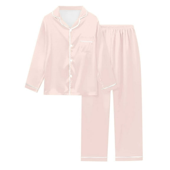 Arlun Women's Satin Pajama Sets Solid Button down Long Sleeve Tops and Elastic Waist Pajama Pants Sleepwear Lightweight Soft Comfort Breathable Pjs Sets Loungewear Light Pink L