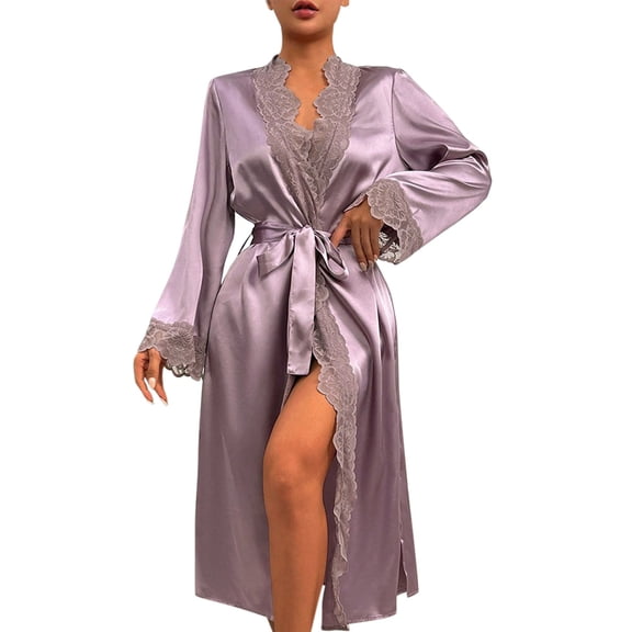 Arlun Women's Satin Robes Long Sleeve Open Front Floral Lace Trim Belted Bride Wedding Party Bathrobes Lightweight Breathable Soft Comfy Valentine's Day Sleepwear Robe Light Purple S