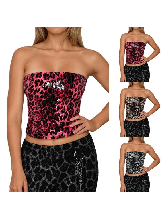 Women's Sequin Leopard Tube Top Summer Stretch Sleeveless Y2k Going out Crop Tops with Zipper Fashion Strapless Backless Bodycon Vest for Night out Club Party 1—Khaki M