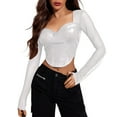 thumbnail image 1 of Arlun,Women's Sexy Cropped Long Sleeve T Shirts Fashion PU Leather Splicing Slim Fit Tshirts Ladies Thin Square Neck Solid Color Mesh Comfortable Breathable Stylish Tops White ONE SIZE, 1 of 4