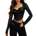 thumbnail image 1 of Arlun,Women's Sexy Cropped Long Sleeve T Shirts Fashion PU Leather Splicing Slim Fit Tshirts Ladies Thin Square Neck Solid Color Mesh Comfortable Breathable Stylish Tops Black ONE SIZE, 1 of 4