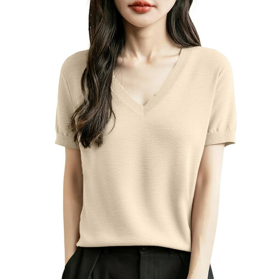 Arlun Women's Short Sleeve V-Neck Sweaters Casual Lightweight Solid Color Knit Sweater Soft Comfortable Base Layer Pullover Tops Beige2 XL