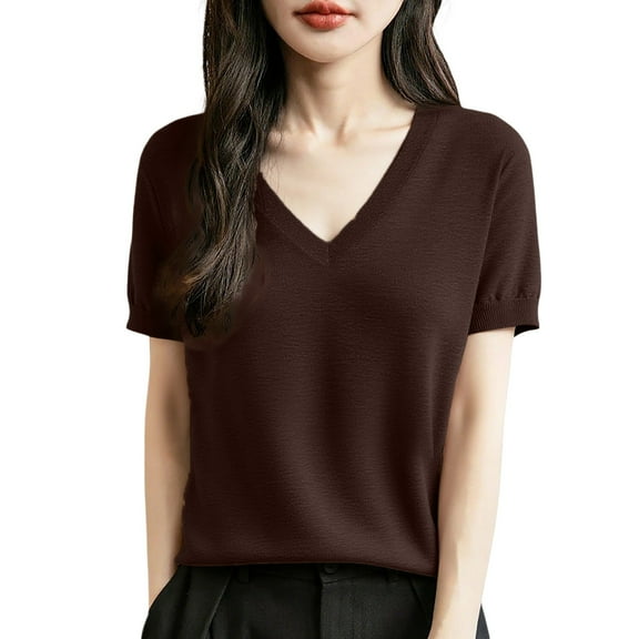 Arlun Women's Short Sleeve V-Neck Sweaters Casual Lightweight Solid Color Knit Sweater Soft Comfortable Base Layer Pullover Tops Coffee2 XL