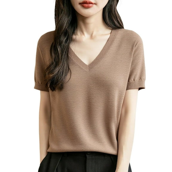Arlun Women's Short Sleeve V-Neck Sweaters Casual Lightweight Solid Color Knit Sweater Soft Comfortable Base Layer Pullover Tops Khaki2 M