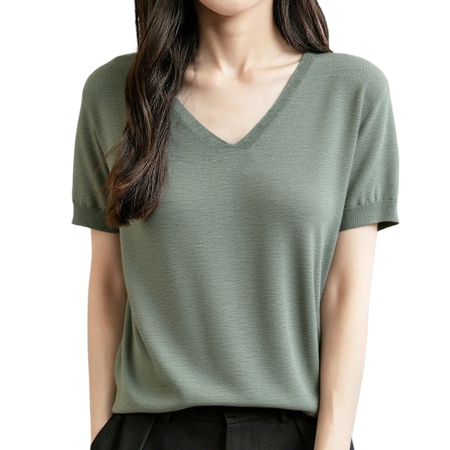 Arlun Women's Short Sleeve V-Neck Sweaters Casual Lightweight Solid Color Knit Sweater Soft Comfortable Base Layer Pullover Tops Light Green XL