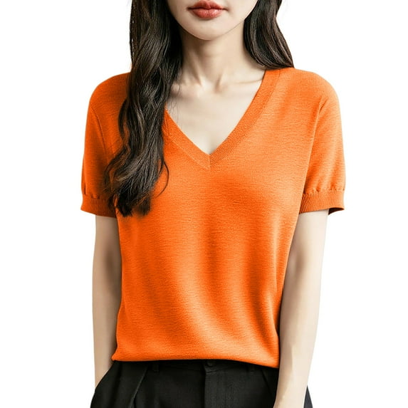 Arlun Women's Short Sleeve V-Neck Sweaters Casual Lightweight Solid Color Knit Sweater Soft Comfortable Base Layer Pullover Tops Orange2 M