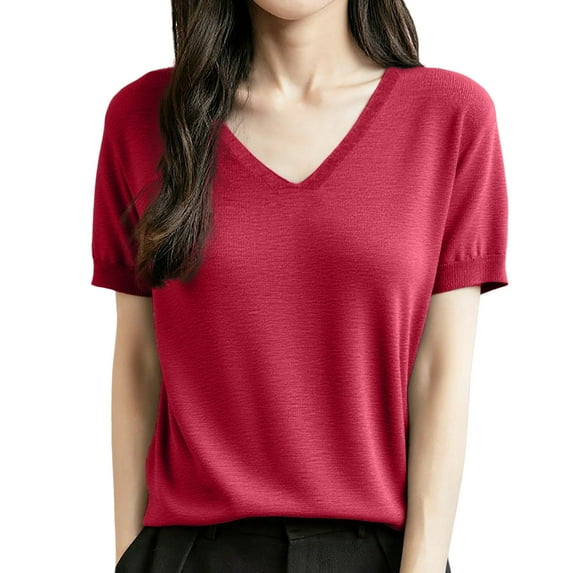 Arlun Women's Short Sleeve V-Neck Sweaters Casual Lightweight Solid Color Knit Sweater Soft Comfortable Base Layer Pullover Tops Red XL