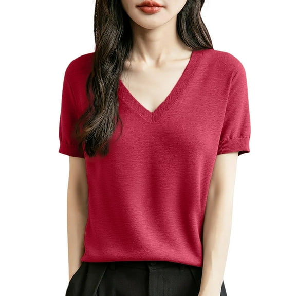 Arlun Women's Short Sleeve V-Neck Sweaters Casual Lightweight Solid Color Knit Sweater Soft Comfortable Base Layer Pullover Tops Red2 XL
