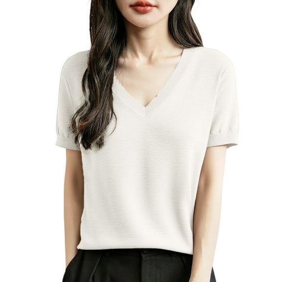 Arlun Women's Short Sleeve V-Neck Sweaters Casual Lightweight Solid Color Knit Sweater Soft Comfortable Base Layer Pullover Tops White2 XL