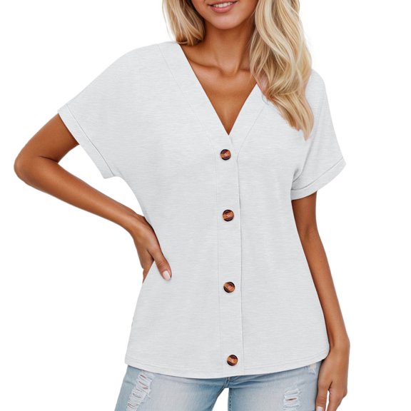Arlun Women's Short Sleeve V-Neck Tops Casual Button down Summer T Shirts Solid Color Soft Comfortable Basic Ladies Tees Thin Breathable Outfits for Spring and Summer White L