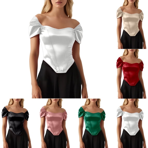 Arlun Women’s off Shoulder Corset Tops Satin Strapless Short Sleeve Bustier Crop Top Summer Bodycon Slim Fit Waisted Asymmetrical Fashion T-Shirt for Night out Party Wear 1—Red S