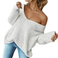 thumbnail image 1 of Arlun Women's off the Shoulder Sweaters Hollow out V-Neck Long Sleeve Knit Pullover Tops Chic Casual Fall Winter Loose Fit Solid Color Elegant Basic Sweater White XL, 1 of 8