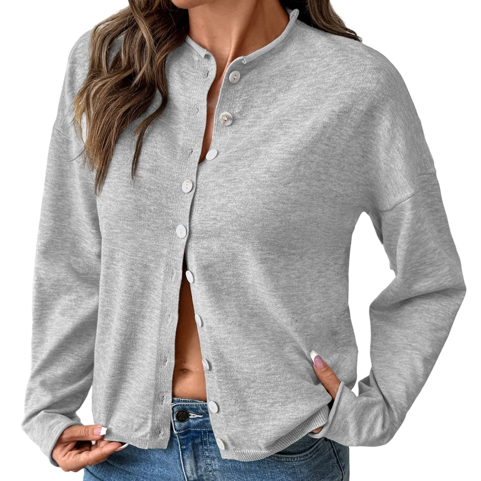 Women's Single Cardigans Loose Button down Knitted Basic Sweaters Coat Solid Color Lightweight Long Sleeve Cozy Casual Outerwear for Fall Winter Grey M