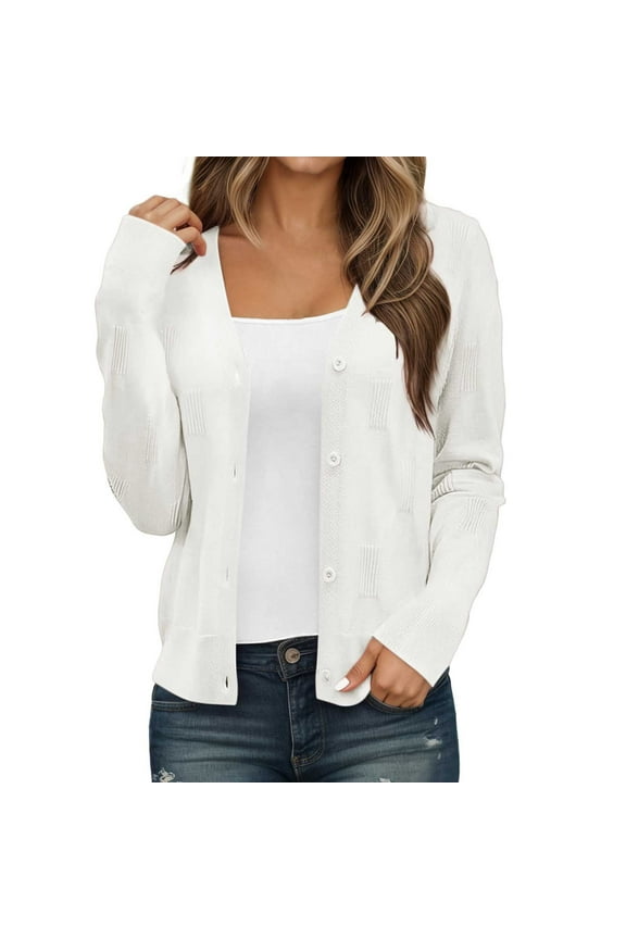 Women's Soft Cropped Cardigans Casual Lightweight Button down Comfortable Shrug Sweaters Tops Long Sleeve Solid Color Elegant Thin Outwear for Daily Wear Fall Winter White M