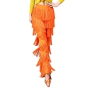 Arlun Women's Solid Color Tasseled Dance Pants 7 Tier Tassels Design High Waist Straight Leg Pants Trendy Soft Comfortable Fringe Performance Trousers for Dance Party Wear 1-Orange M