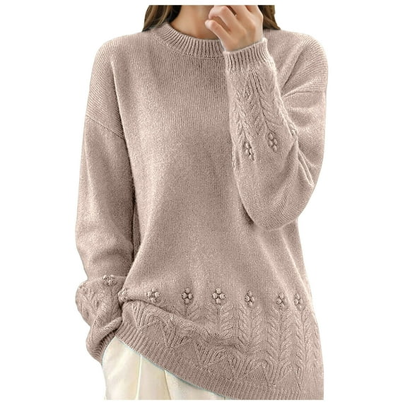 Arlun Women's Solid Knit Sweaters Crew Neck Long Sleeve Embroidered Vintage Sweaters Casual Loose Fit Solid Color Comfortable Fall Winter Fashion Pullover Tops Khaki M