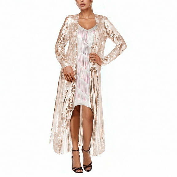 Arlun Women's Sparkling Sequin 1920s Cover up Cardigan Loose Open Front Long Sleeve Mesh Cardigans Lightweight Fashion See Through Coat Dress for Evening Party Beige XXL