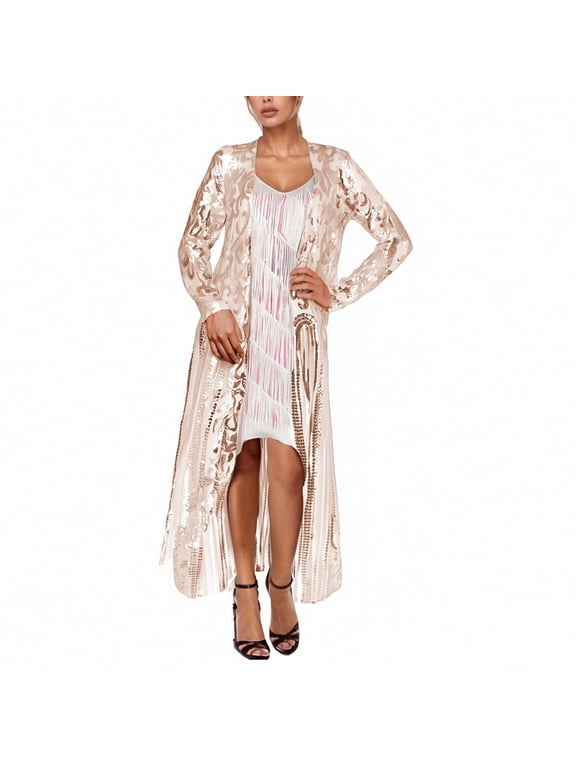 Women's Sequin 1920s Cover up Cardigan Loose Open Front Long Sleeve Mesh Cardigans Lightweight Fashion See Through Coat Dress for Evening Party Beige M