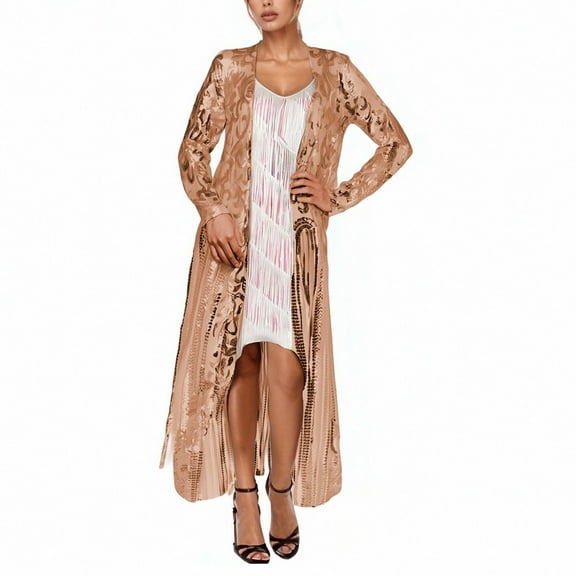 Arlun Women's Sparkling Sequin 1920s Cover up Cardigan Loose Open Front Long Sleeve Mesh Cardigans Lightweight Fashion See Through Coat Dress for Evening Party Rose Gold S