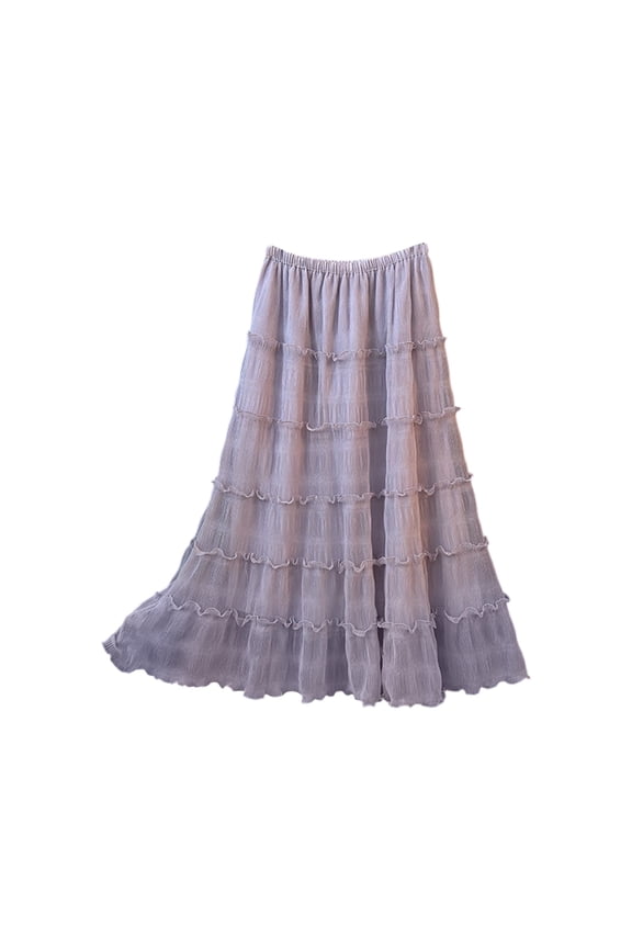 Women's Spring and Summer Three-Layer Big Swing Mesh Skirt Solid Color Long A-Line Pleated Cake Skirt Lightweight Comfy Maxi Casual Skirts Purple One Size