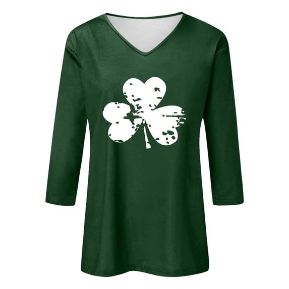 Arlun Women's St.Patrick's Day T-Shirts Trendy Shamrock 3/4 Sleeve V-Neck Tops Irish Traditional Festival Graphic Tees Casual Stylish Party Spring T Shirt 10-Green XL
