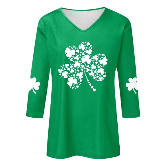 Arlun Women's St.Patrick's Day T-Shirts Trendy Shamrock 3/4 Sleeve V-Neck Tops Irish Traditional Festival Graphic Tees Casual Stylish Party Spring T Shirt 3-Green L