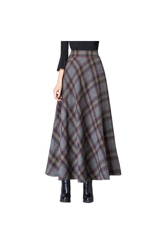 Women's Stretchy High Waist Hidden Zipper Plaid Skirt A-Line Swing Wool Blend Loose Soft Comfort Skirt 2025 Fashion Checkered Print Warm Winter Maxi Skirts with Pocket Dark Gray XL