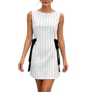 Arlun Womens Striped Mini Dress Summer Casual Bow Tie Side Sleeveless Boat Neck Bodycon Short 2026 Elegant Party Dresses for Work and Daily Wear White XS