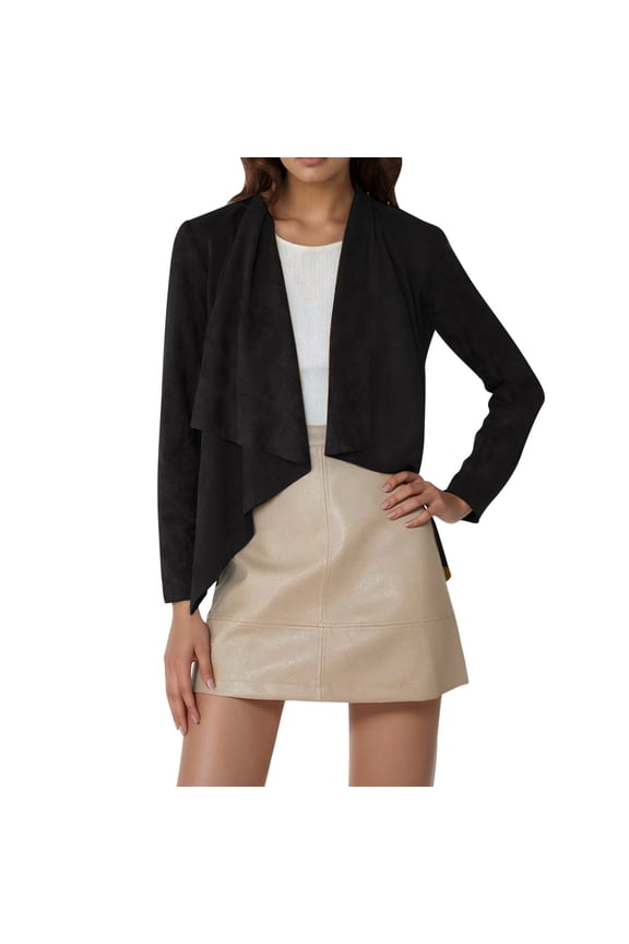 Women's Suede Draped Open Front Cardigans Jackets Cropped Slim Fit Lapel Solid Color Vintage Cardigan Tops Fashion Asymmetrical Hem Retro Motorcycle Outwear Black L