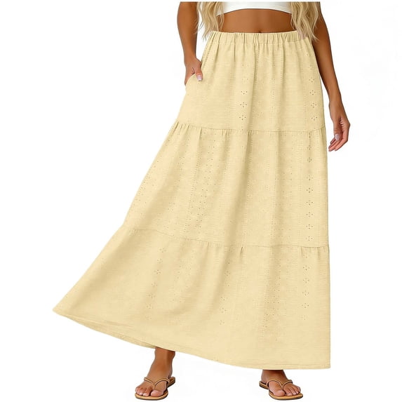 Arlun Women's Summer Casual Elegant Layered Tiered Maxi Skirts Elastic High Waisted Eyelet A Line Flowy Long Skirts with Pockets Loose Comfort Solid Color Vacation Skirt 2026 Light Yellow S