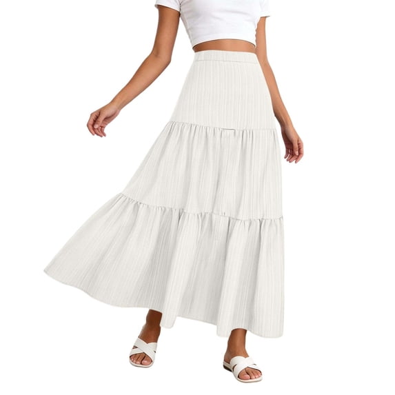 Arlun Women's Summer Casual Elegant Smock Layered Tiered Maxi Skirts High Waisted a Line Flowy Long Skirts Lightweight Breathable Comfy Boho Beach Long Skirt White XL