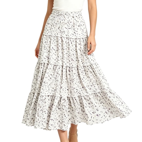 Arlun Women's Summer Maxi Skirts Trendy High Waist Pleated Ruffle Floral Long Skirts Casual Relaxed Fit Ruffle Tiered Lightweight Flowy Beach Vacation Boho Skirt 2026 1-White XXL