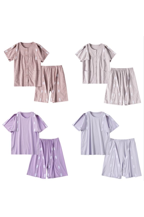 Women's Summer Scrub Patient 2 Piece Outfits Button down Round Neck Short Sleeve and Elastic Waist Bermuda Shorts Detachable Easy Take off Basic Two Piece Short Outfits 1-Light Purple M