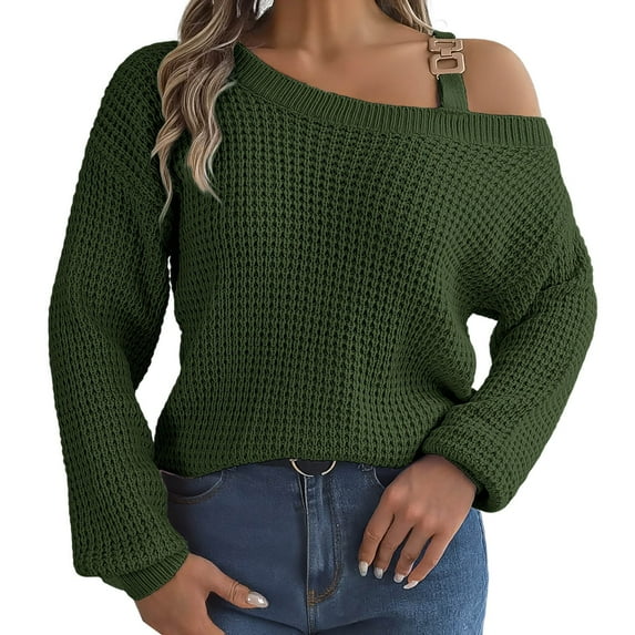 Arlun Women's Sweater Fashion Metal Buckle Strap Cold Shoulder Long Sleeves Cable Knit Sweaters Solid Color Ribbed Comfortable Pullover Knitwear Tops Green M