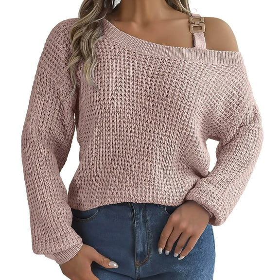 Arlun Women's Sweater Fashion Metal Buckle Strap Cold Shoulder Long Sleeves Cable Knit Sweaters Solid Color Ribbed Comfortable Pullover Knitwear Tops Pink M