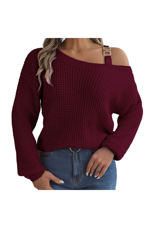 Women's Sweater Fashion Metal Buckle Strap Cold Shoulder Long Sleeves Cable Knit Sweaters Solid Color Ribbed Comfortable Pullover Knitwear Tops Red S