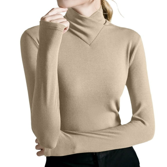 Arlun Women's Thermal Turtleneck Sweaters Stretchy Slim Fit Long Sleeve Pullover Sweater Soft Comfortable Lightweight Solid Color Fitting Base Layer Sweater Tops Khaki XXL