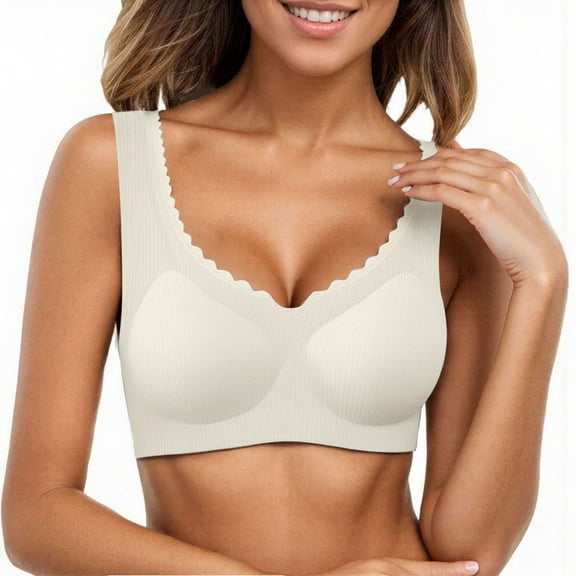 Arlun,Women's Thin Seamless Vest Bras Wireless Smoothing Comfort Soft Support Bra Fashion Scalloped Design Lightweight Everyday Bralettes Full Coverage Fixed Bra White L