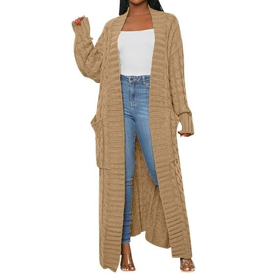 Arlun Women's Thin Stylish Cable Knit Cardigan Sweaters Long Sleeve Open Front Long Ankle Length Sweater Coats Solid Color Simple Cozy Autumn Winter Outwear with Pockets Khaki L