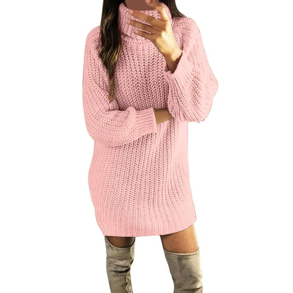 Arlun Women's Turtleneck Oversize Midi Pullover Sweater Dresses Solid Color Loose Fit Ribbing Knit Knee Length Dress Long Sleeve Simple Basic Fall Winter Clothes 2025 Pink S